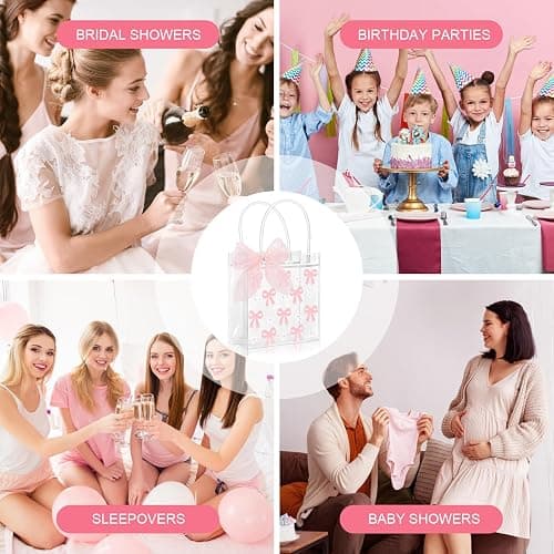 ROBOHOOK 6 PCS Clear Gift Bags with Handles, Reusable Bow Goodie Bags, Comes with a Roll of 9m Pink Ribbon Suitable for Weddings Birthdays Baby Showers Etc thumbnail 7