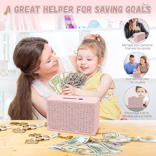 Wooden Money Saving Box, Cash Vault Savings Box for $10000 $5000 $3000 $1000 $800 $500 Target Money Saving Challenge, Reusable Money Box with Counter, Dry Erase Pen/Savings Trackers/Rubber Band-Pink thumbnail 5