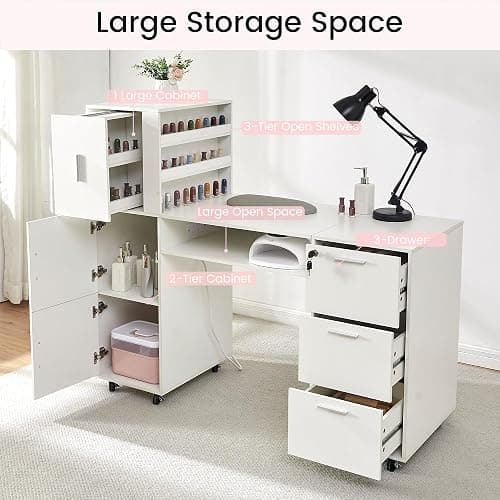 WLLPNG Mobile Manicure Table Nail Salon Desk with Storage Cabinet, 55.1" Rolling Nail Tech Workstation with Drawers & Nail Polish Rack for Beauty Salon Station Home Nail Tech thumbnail 7