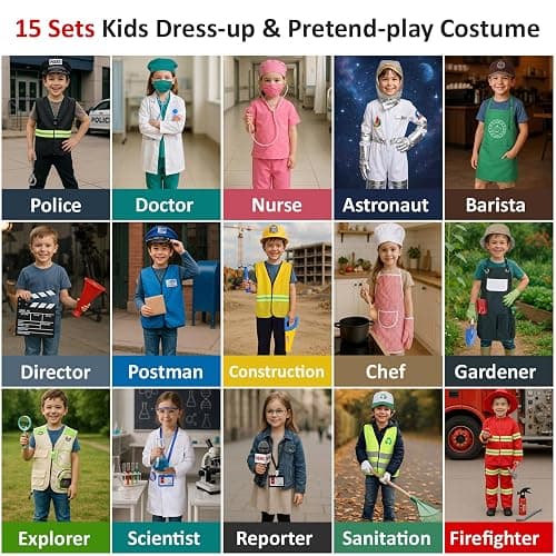 Vicenpal 15 Sets Toddler Dress up Clothes Kids Role-Play Costumes Police Firefighter Doctor Nurse Astronaut Barista Director Postman Laborer Chef Gardener Explorer Scientist Reporter Sanitation Worker thumbnail 2