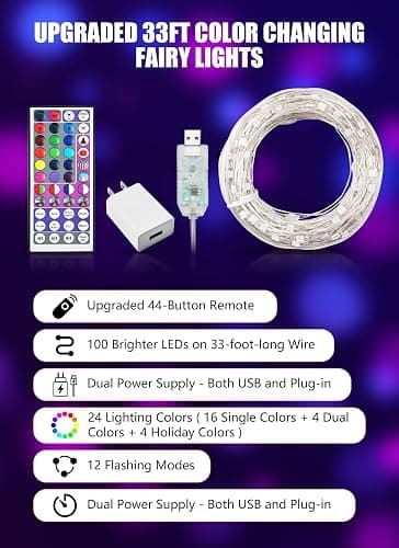 Minetom Upgraded Color Changing Fairy String Lights - 33 ft 100 LED 24 Colors USB Silver Wire Lights with Remote and Timer for DIY Bedroom Party Indoor Christmas Decoration, Adapter Included thumbnail 3