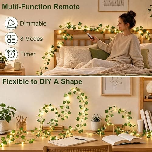 OMIKA Vine with Fairy Lights Plug in, 66FT 200 LED Ivy String Lights Connectable with Remote, Leaf Light Waterproof for Bedroom, Room, Wall, Garden, Party, Wedding Decor (Warm White) thumbnail 2