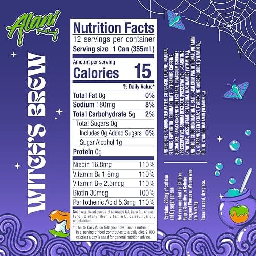 Alani Nu WITCH'S BREW Sugar Free, Low Calorie Energy Drinks, 200mg Caffeine, Antioxidants, Biotin B Vitamins, Zero Sugar, 15 Calories or Less, 12 Fl Oz Cans (24 Pack) thumbnail 10