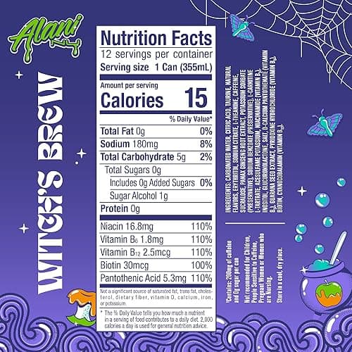 Alani Nu WITCH'S BREW Sugar Free, Low Calorie Energy Drinks, 200mg Caffeine, Antioxidants, Biotin B Vitamins, Zero Sugar, 15 Calories or Less, 12 Fl Oz Cans (24 Pack) thumbnail 11