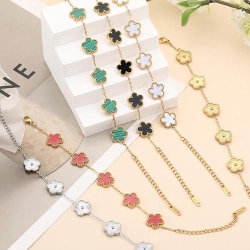 Clover Bracelets for Set Women, Van Cleef 18K Gold Plated Fashion Bracelet Four Leaf Lucky 5 Leaf Bracelet Jewelry Gifts 3Pcs thumbnail 7