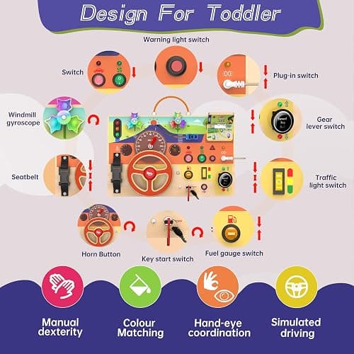 flycoost Busy Board Montessori Toys for Toddlers 1-3 with Steering Wheel | Wooden Lights Driving Activity Board Sensory Montessori Busy Board for 1+ Year Old, Toddler Learning & Travel Toy thumbnail 6