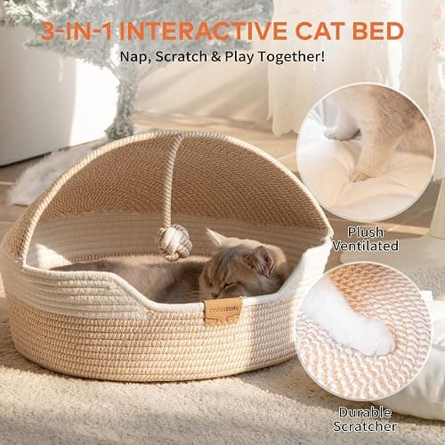 CHEERPALS Cat Basket Bed with Washable Cushion and Ball Rope Cotton, Covered Pet Bed for Indoor Cats Cave Bed Hooded, Stimulicat Cat Bed Handwoven Breathable, All Season Universal(White) thumbnail 5