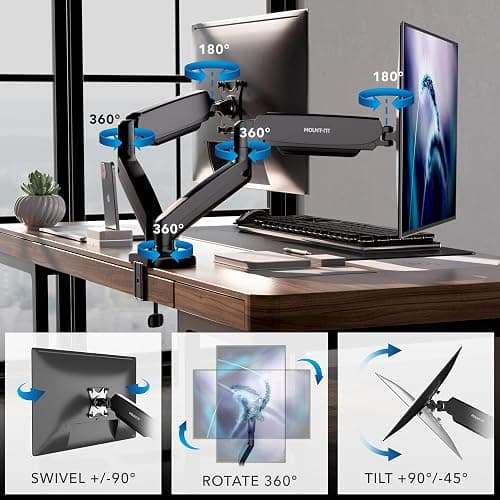 Mount-It! Dual Monitor Desk Mount – Full Motion Gas Spring Arms, Fits 13 to 32 Inch Screens, Holds 17.6 lbs per Arm, Dual Monitor Stand, VESA Mount, C-Clamp & Grommet Base thumbnail 2
