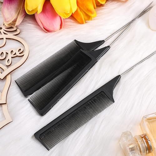 Leinuosen 3 Packs Rat Tail Comb Steel Pin Rat Tail Carbon Fiber Heat Resistant Teasing Combs with Stainless Steel Pintail (Black) thumbnail 6
