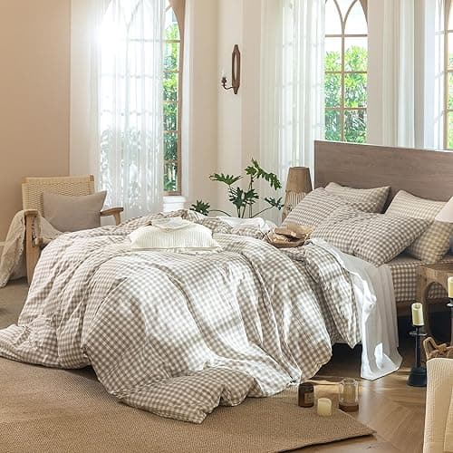 MooMee Gingham Duvet Cover Set 100% Washed Cotton Linen Like Textured Breathable Durable Soft Comfy Modern Checkered Design (Tannish Linen Grey Gingham, Palatial King/Oversized King 120"x98") thumbnail 4
