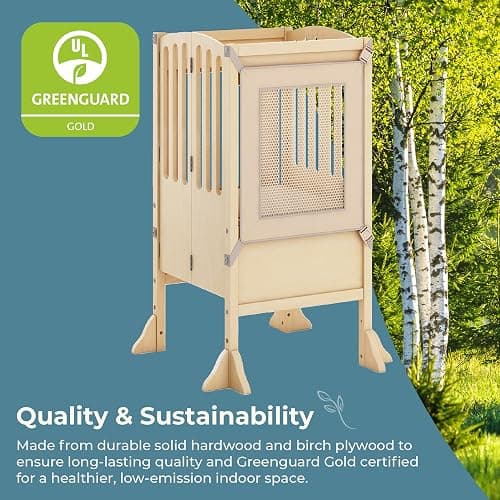 Guidecraft Kitchen Helper® Toddler Tower Step Stool - Contemporary - Natural: Folding Adjustable Height Montessori Wooden Learning Furniture with Keepers thumbnail 4