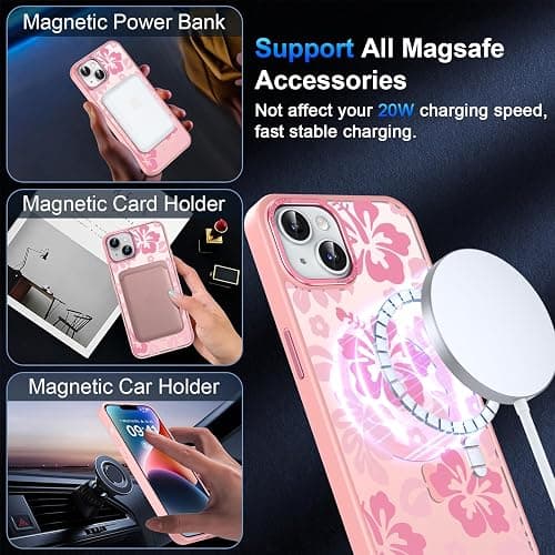 lioscre Pink Cute Hibiscus Flower Phone Case for iPhone 15 Plus 6.7", Compatible with MagSafe, Floral Pattern Print Design Magnetic Case for Women Girls Soft TPU Hard PC Shockproof Funda Cover thumbnail 3