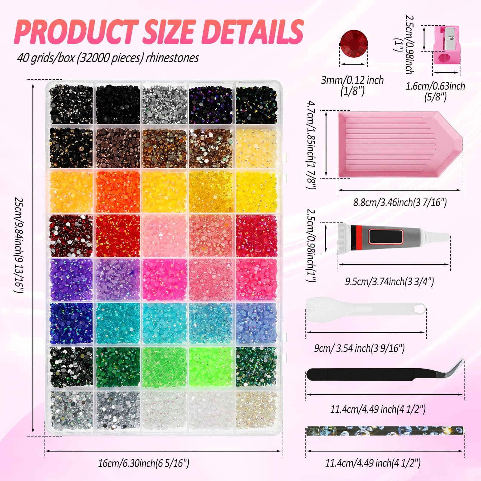 Bedazzling Tool Kit with 32000 Pcs 40 Colors 3mm Flat Back Rhinestones, Includes Rhinestone Tray, Glue and Full Accessories for DIY Craft Nail Art Shoes and Diamond Art (06: 32000 Pcs 3mm 40 Colors) thumbnail 2
