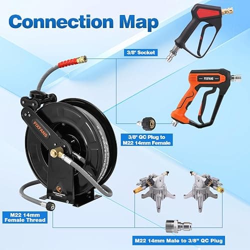 FIXFANS Pressure Washer Hose Reel with Hose for Hot and Cold Water, 3/8" X 50 FT Steel Auto-Retractable High Power Wash Hose Reel, Heavy Duty Hose Reel - Wire Braided Hose 4000 PSI, Black thumbnail 7