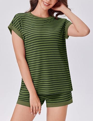EKOUAER 2 Piece Sets for Women Summer Outfits Cute Stripe Knit T Shirts Shorts Matching Lounge Set thumbnail 5