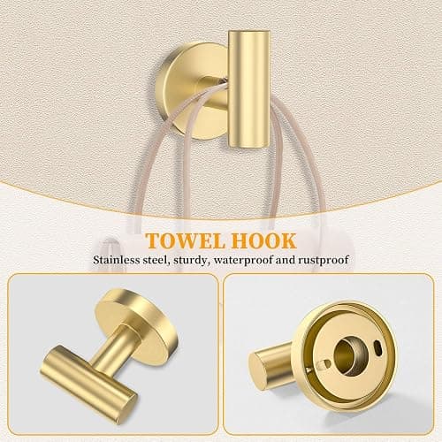 Brushed Gold Towel Bar Set 5 Pieces Round Bathroom Hardware Set Includes 23.6in Towel Bar Towel Ring Toilet Paper Holder Towel Hooks Stainless Steel Wall-Mounted Bathroom Towel Holder Set thumbnail 7