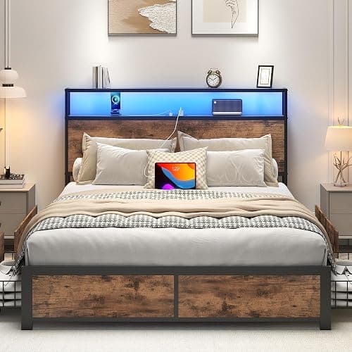 Lifezone Full Bed Frame with 2-Tier Storage Headboard, Metal Platform Bed Frame with 4 Storage Drawers, Built in Charging Station & LED, Noise-Free/Metal Support/No Box Spring Needed, Vintage Brown thumbnail 3