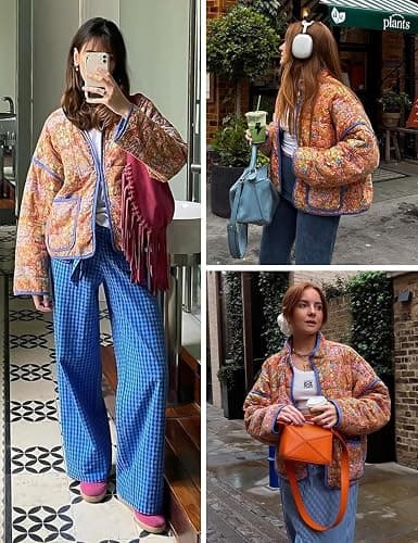 Wyeysyt Women's Cropped Quilted Jacket Floral Print Puffer Jackets Open Front Lightweight Jacket thumbnail 4