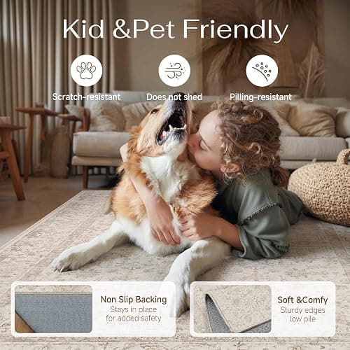 WondRg 8x10 Beige Neutral Living Room Area Rug | Washable, Low Pile, Accent, Vintage, Soft, Non Slip, Carpet for Bedroom Dining Room Nursery Office Indoor Home Decor thumbnail 4