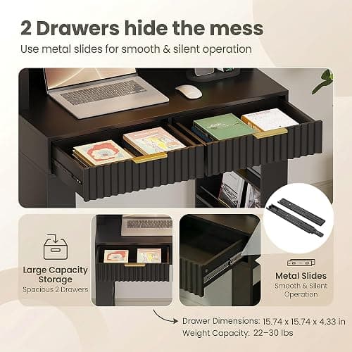 ZKIODV Arched Writing Desk with Hutch, Home Office Desk with 2 Drawers, Secretary Desk with Outlets, 3 Color LED Lights, Open Shelves, Computer Desk for Small Space, Bedroom 35.4" W x 70.8" H (Black) thumbnail 6