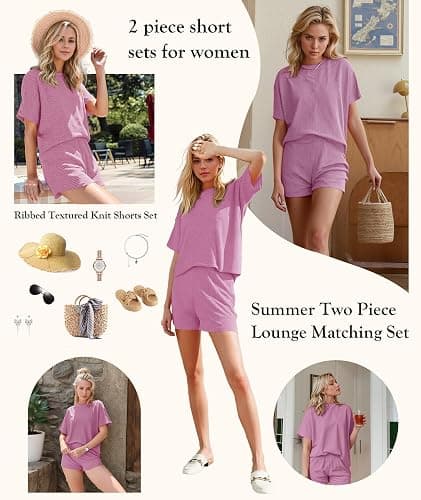MARZXIN Women 2 Piece Shorts Set 2026 Casual Summer Cruise Outfits Ribbed Loose Short Sleeve Pocket Matching Lounge Sets thumbnail 3