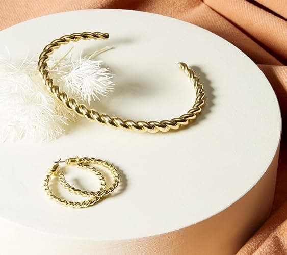 PAVOI Gold Plated Twisted Chunky Bangle Bracelet | 14K Gold Plated | Lightweight Everyday Jewelry thumbnail 5
