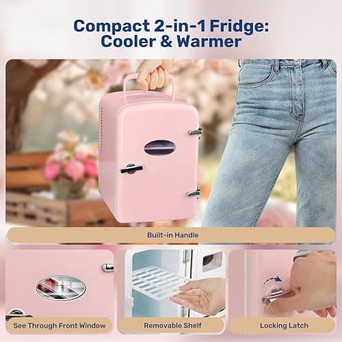 YSSOA 4L Mini Fridge with Observation Window, Portable Warmer & Cooler Six 12oz Cans Compact Refrigerator, 100% Eco Friendly and Freon-Free, Pink thumbnail 6