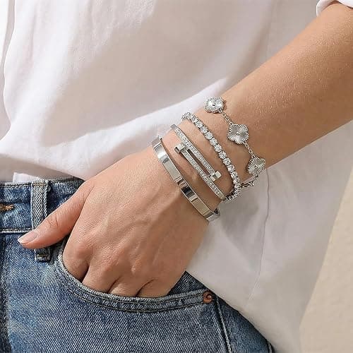 Camhanno Silver Bracelets for Women-4Pcs 18K Gold Plated Love Bangle Tennis Clover Nail Bracelets Stack Set for Women Trendy Non Tarnish Stainless Steel Gold Bangles Accessories Designer Jewelry thumbnail 3