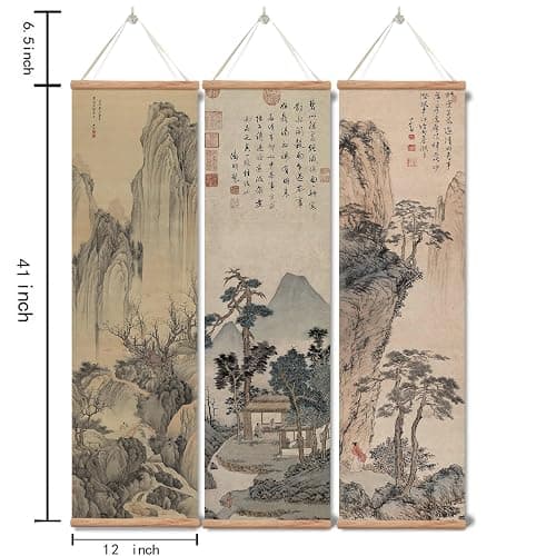 xinyuru Chinese Ancient Landscape Wall Art Poster,Tradition Canvas Printing,Oak Wood Scroll Painting Decor for Bedroom Living room (Landscape 01, 12”x41”x3 Piece) thumbnail 2