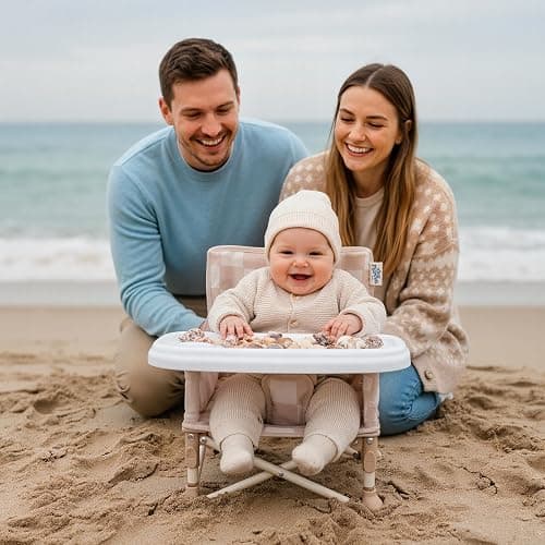 Tiny Marvels Portable 3-in-1 Baby Chair, Cozy Booster Seat, Baby Seat with Tray, Compact Foldable, Toddler Chair with Child Safety Belt Carry Bag, Perfect for Travel (Sand Checker) thumbnail 2