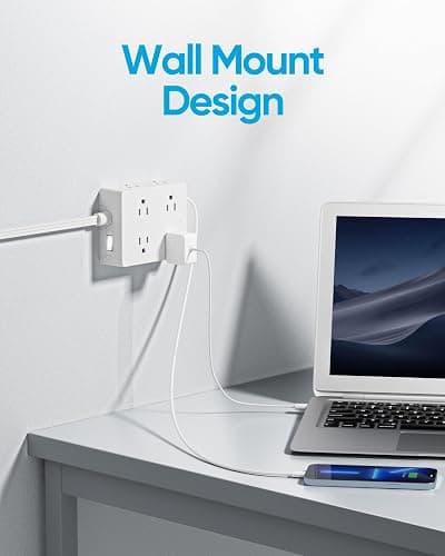 Olcorife Flat Plug Power Strip with 10 FT Extension Cord, 8 Outlets 4 USB Ports(1 USB C), 3 Sided Outlet Extender for Home Office Travel Dorm Room Essentials, White thumbnail 4