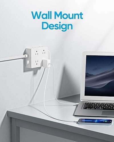 Surge Protector Power Strip, Olcorife Ultra Thin Flat Plug Extension Cord 5ft, 8 Outlets 4 USB Ports(1 USB C), Flat Wall Plug Outlet Extender, College Dorm Room Essentials, White - 5 FT - 45° Plug - White thumbnail 5