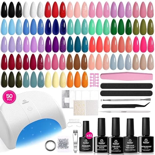 Beetles Gel Nail Polish Kit with U V Light, 32 Colors Gel Polish Nail Kit 50 Pcs Polish Set with Base and Matte&Glossy Top Coat Soak Off DIY Art Kit Manicure Spring Gifts for Women - 0 - 32 colors Four Seasons Glow - Image 1