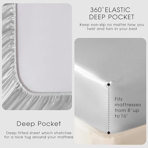 FreshCulture Satin Sheets Queen Size Bed Set- 4 Piece Luxury Soft Silky Queen Sheet Set, Similar to Silk Bed Sheets with 1 Deep Pocket Fitted Sheet, 1 Flat Sheet & 2 Pillowcases (Silver Grey) thumbnail 4