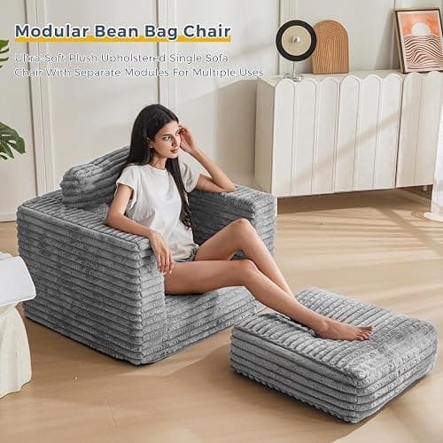 MAXYOYO Bean Bag Chair for Adults, Upholstered Floor Sofa with Pillows and Armrests, Bean Bag Sofa Plush Chair Couch for Bedroom Living Room, Dark Grey thumbnail 7