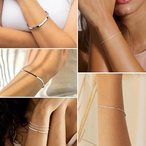 Thin Gold Bracelet for Women Stack, Dainty 14K Gold Bracelet Stackable Set with Bangle Cuff, Box, Herringbone, Paperclip, Figaro, Sparkling Link Chains, Simple Waterproof Non Tarnish Minimalist Gifts for Women Trendy thumbnail 4