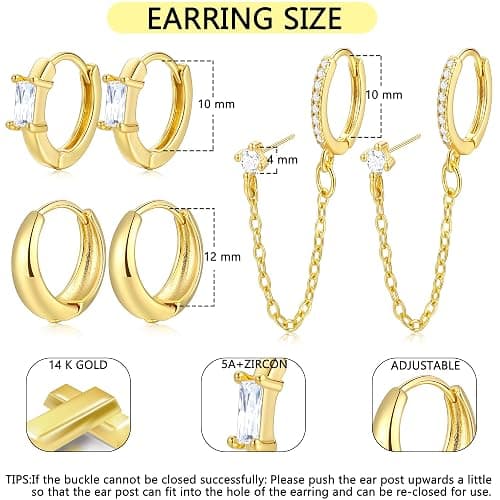 Gold Earrings Set for Women, 14k Gold Plated Dangle Huggie Earrings Sets for Multiple Piercing, Hypoallergenic Stackable Small Gold Chain Hoop Earrings for Women Jewelry thumbnail 6