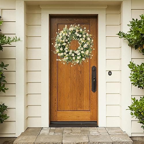 Sggvecsy White Daisy Wreath 24 Inch with Fake Silk Floral Green Eucalyptus Leaves and Lavender for Spring Summer Front Door Window Wall Wedding Farmhouse Festival Decor - White thumbnail 2