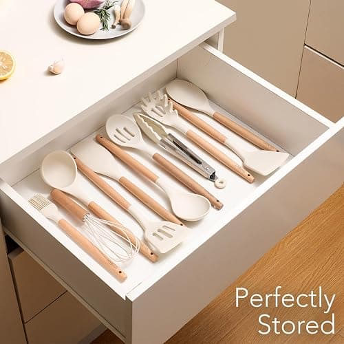 ZEDEAH 11-Piece Silicone Kitchen Utensils Set with Non Toxic Spatula, Tongs, Whisk, Turner & Ladle – Heat Resistant, Non-Scratch Cooking Tools with Wooden Handles, BPA-Free, Dishwasher Safe (Beige) thumbnail 6