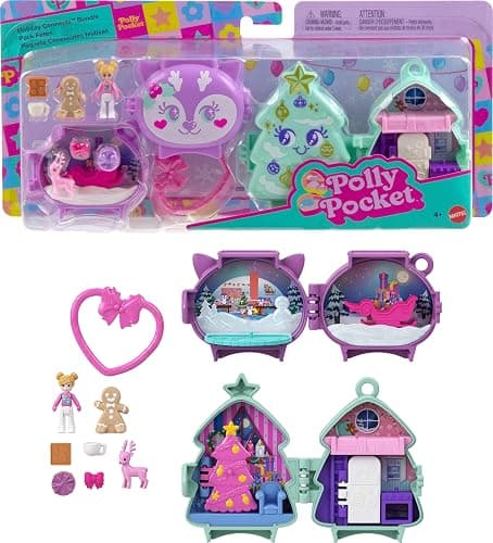 Polly Pocket Mini Toys, Holiday Stackable Compact Playset Bundle with Micro Doll, Accessories, Pet Animal, Travel Toy with Clip - Image 1