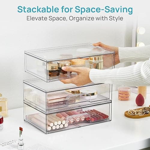 Vtopmart 12.1''W Clear Stackable Storage Drawers,2 Pack Acrylic Plastic Organizers Bins for Makeup Palettes, Cosmetics, and Beauty Supplies,Ideal for Vanity, Bathroom,Cabinet,Desk Organization thumbnail 7