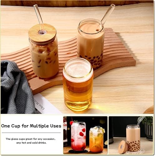 DWTS DANWEITESI Glass Cups with Lids and Straws 4 pcs,16oz Drinking Glasses Set for Coffee Bar Accessories,Iced Coffee Cups with Lids,Matcha Cup Glass Tumbler Reusable for Gifts thumbnail 3