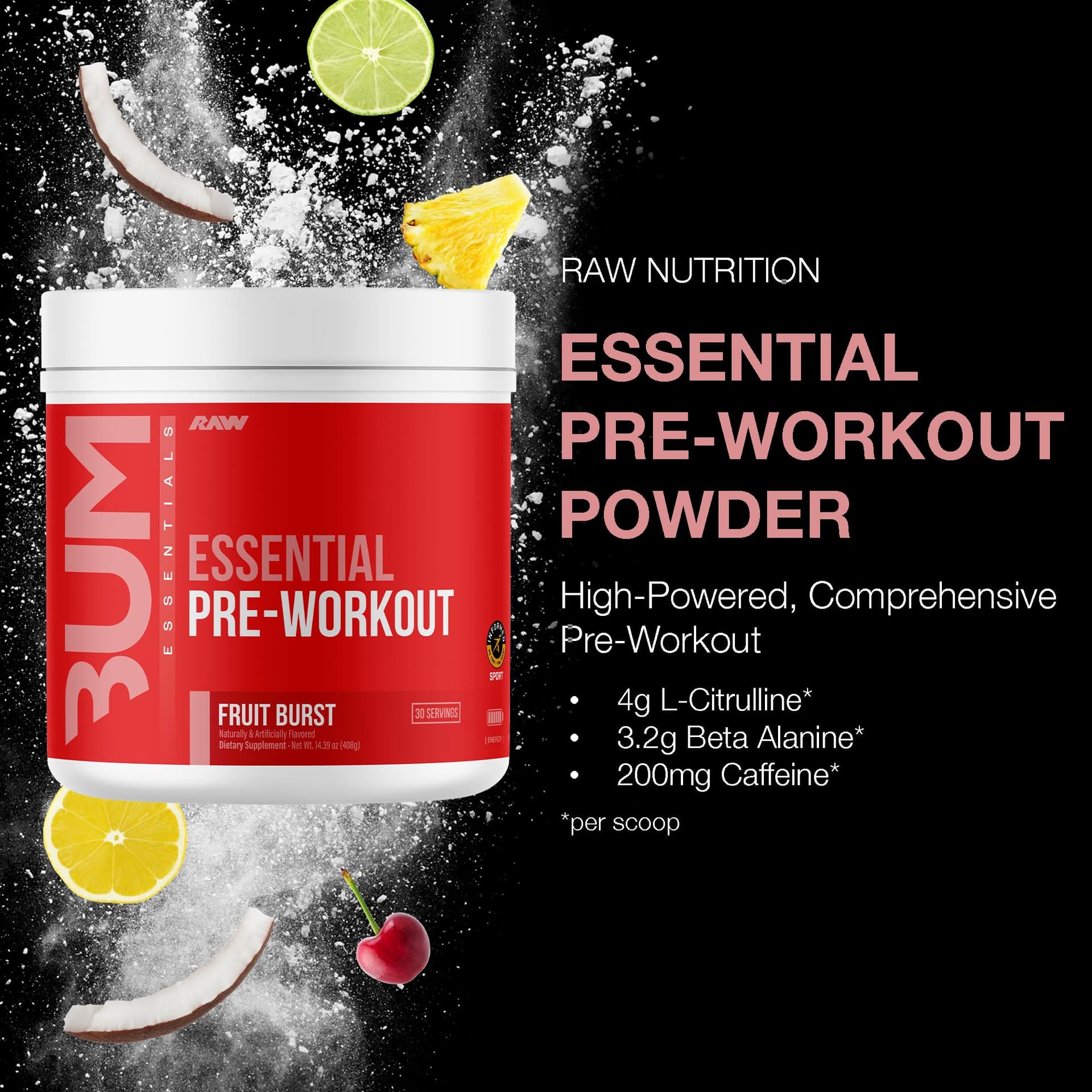 RAW Nutrición - Fórmula esencial para antes del entrenamiento de Chris Bumstead, polvos de nutrición deportiva para preentrenamiento | Bebida para hombres y mujeres, polvo energético para entrenar (Fruit Burst) thumbnail 3