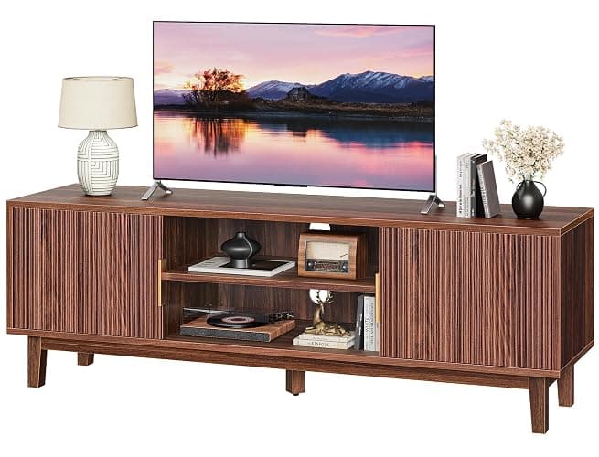 PRAISUN 54 Inch Fluted TV Stand for TVs Up to 55, 60 Inch, Mid Century Modern Entertainment Center with Storage, TV Console with Adjustable Shelves, Midea Console for Living Room Bedroom, Brown - Image 1