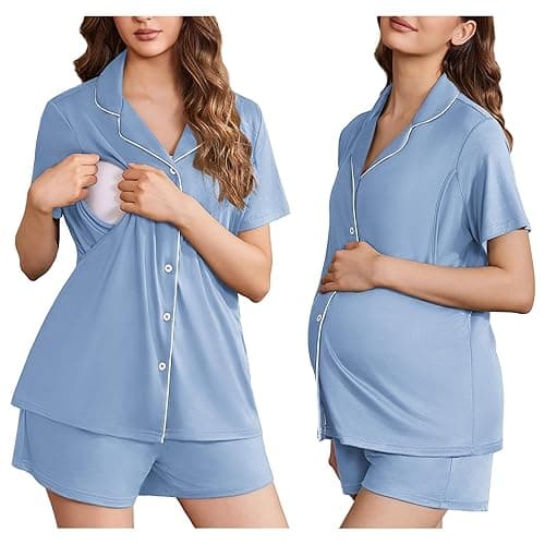 Ekouaer Women's Maternity Nursing Pajama Sets Button Down Postpartum Pajamas Short Sleeve Breastfeeding Clothes - Light Blue - X-Large