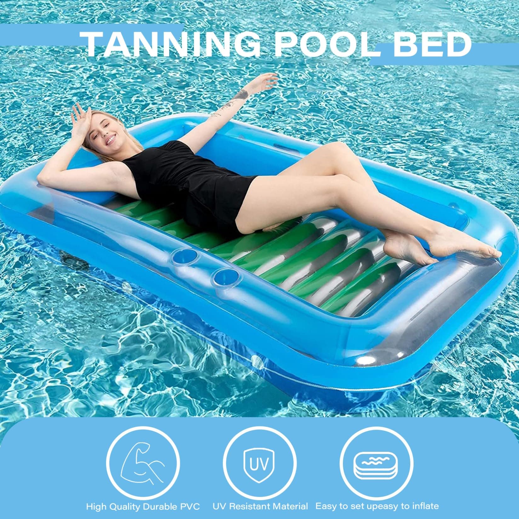 Tanning Pool Bed with Pillow, 69x43x8 Inch PVC Inflatable Sun Lounger with Drink Holder, Portable Blow up Pool Floats for Adults Kids Beach Sunbathing thumbnail 5
