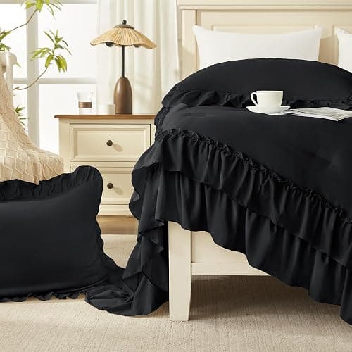 Andency Black Full Size Comforter Set(79x90Inch), 3 Pieces Fluffy Farmhouse Shabby Chic Bedding Comforter Sets, All Season Soft Lightweight Microfiber Bed Set thumbnail 6