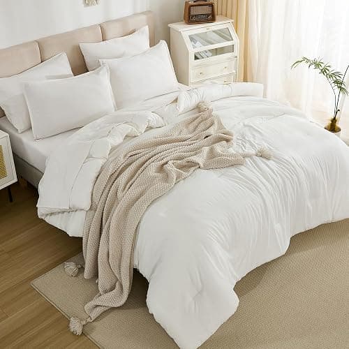 Litanika Queen Comforter Set Ivory - 7 Pieces Bed in a Bag Queen Bedding Comforter Sets, Solid Lightweight Bed Set with Comforter, Sheets, Pillowcases & Shams thumbnail 3
