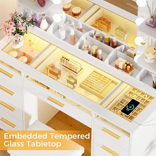 ANWBROAD Vanity Desk with Mirror and Lights 3 Colors Large Makeup Vanity Table Set Transparent Glass Top with 9 RGB Drawers, 4 Shelves Vanity Desk with Stool Power Outlet White Bedroom Women UBDT94W thumbnail 5