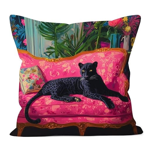 WDSFHYJK Vintage Black Panther Cheetah Pillow Cover 18x18 Double-Sided, Cheetah Room Decor, Maximalist Hot Pink Sofa Tropical Jungle Leopard Decorative Throw Pillow Cover Pillowcases for Home Bedroom - Image 1